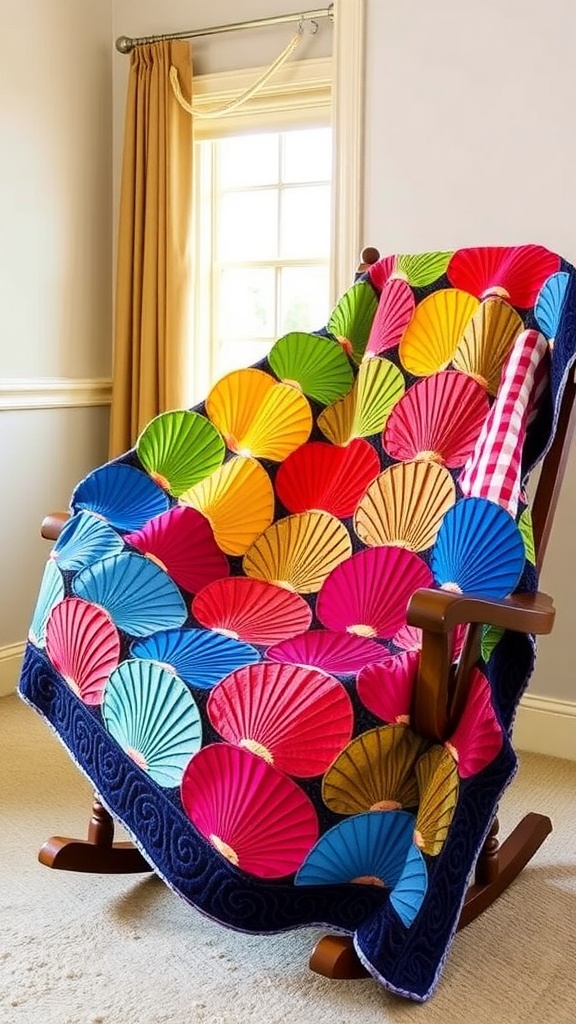 A vibrant clam shell quilt draped over a chair, showcasing colorful fabric patterns in a wave design.